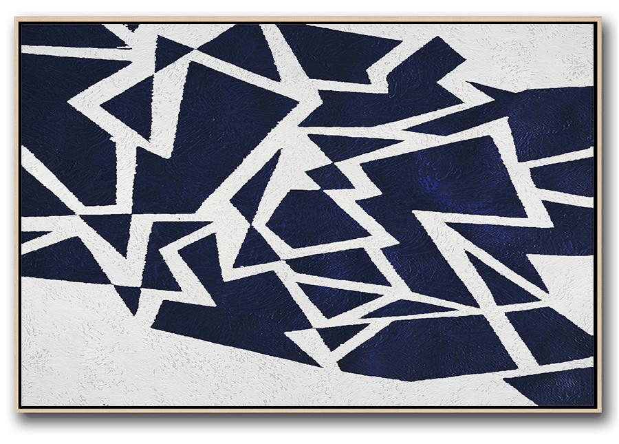 Horizontal Navy Painting Abstract Minimalist Art On Canvas - Dark Blue Abstract Art Huge